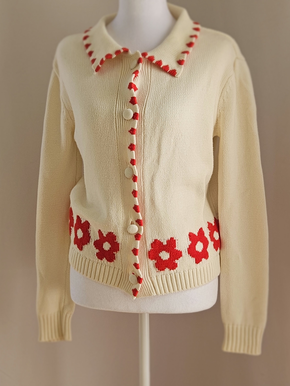 Elie Tahari Red Flower Knit Cardigan Sweater Ivory Cream XS - Picture 3 of 16